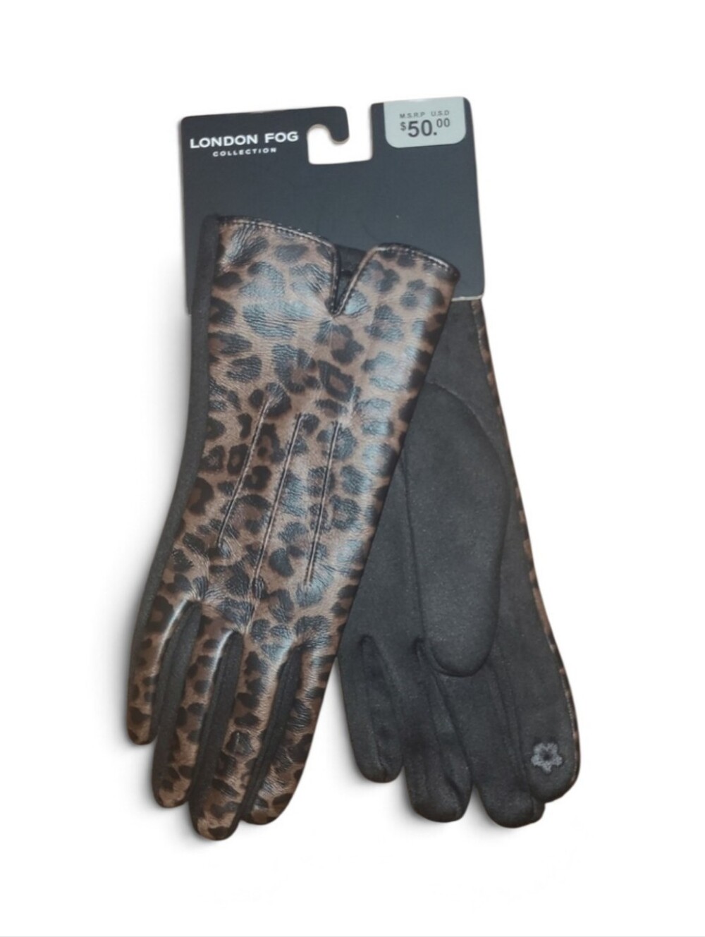 London Fog Leopard-Print Faux Leather-Accent Gloves in Brown and Black